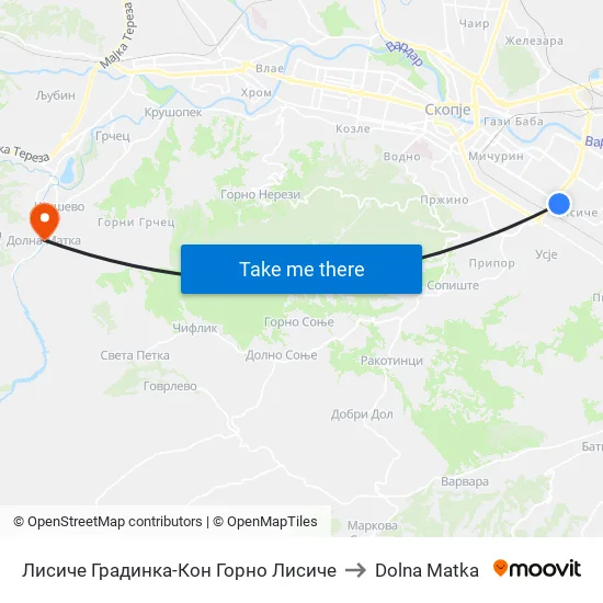 Лисиче Градинка-Кон Горно Лисиче to Dolna Matka map