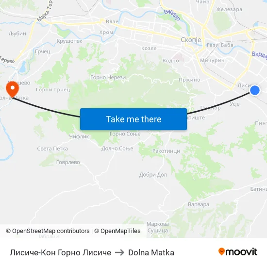 Лисиче-Кон Горно Лисиче to Dolna Matka map