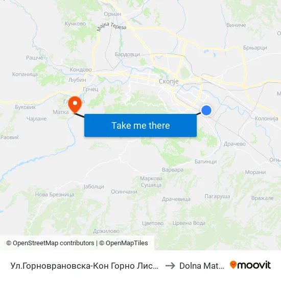 Ул.Горноврановска-Кон Горно Лисиче to Dolna Matka map