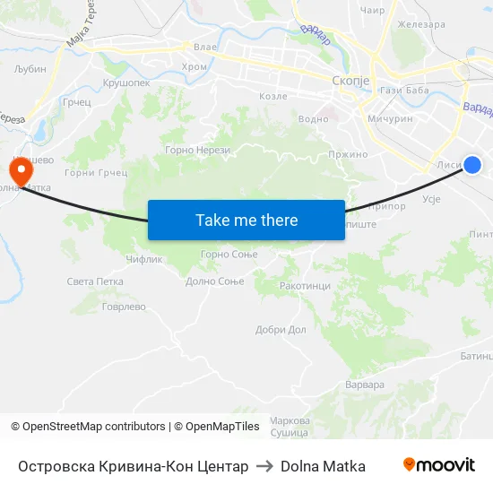 Островска Кривина-Кон Центар to Dolna Matka map