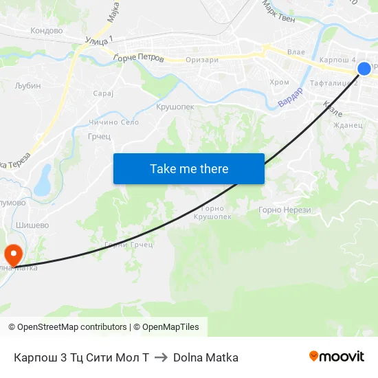 Карпош 3 Тц Сити Мол Т to Dolna Matka map