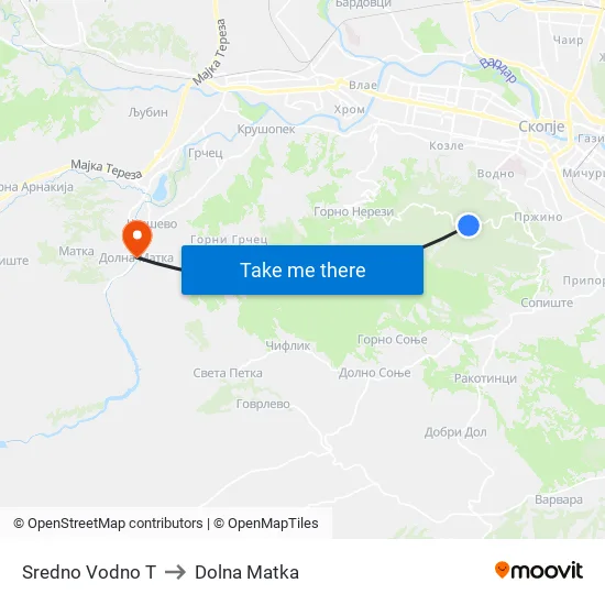 Sredno Vodno T to Dolna Matka map