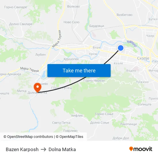 Bazen Karposh to Dolna Matka map