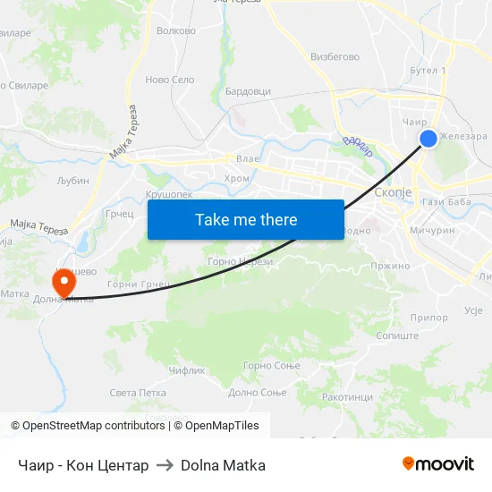 Чаир - Кон Центар to Dolna Matka map