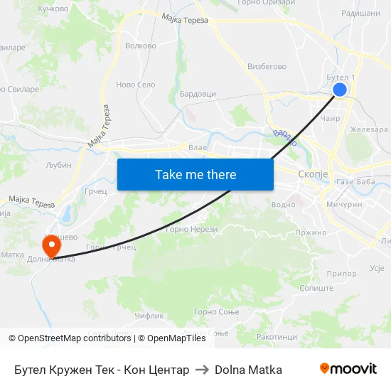 Бутел Кружен Тек - Кон Центар to Dolna Matka map