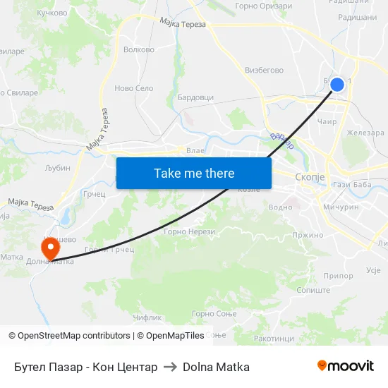 Бутел Пазар - Кон Центар to Dolna Matka map