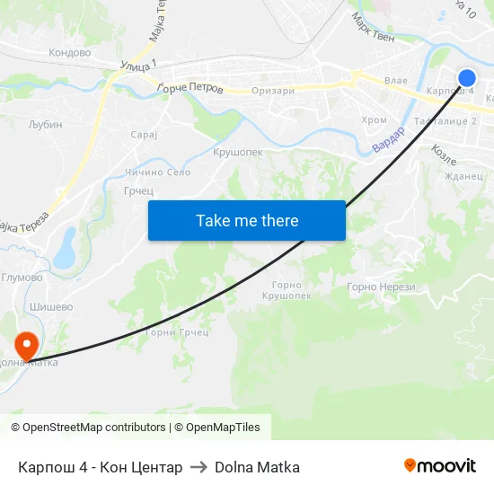 Карпош 4 - Кон Центар to Dolna Matka map