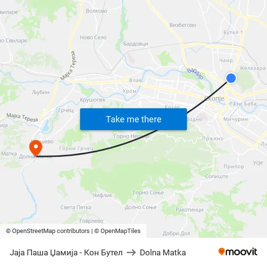 Јаја Паша Џамија - Кон Бутел to Dolna Matka map