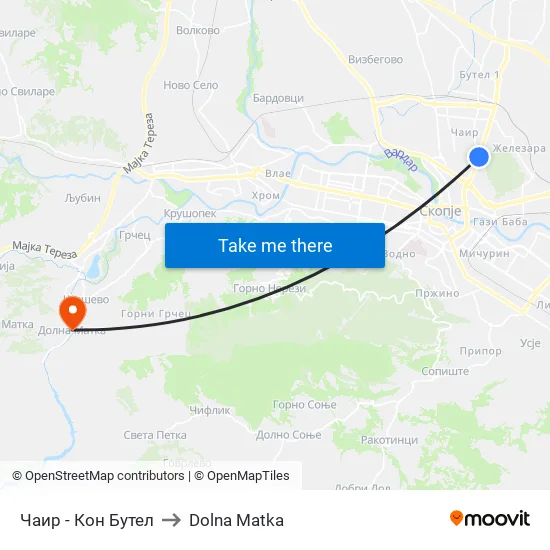 Чаир - Кон Бутел to Dolna Matka map