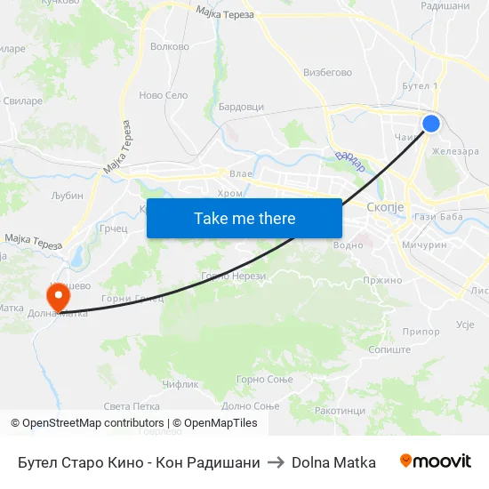 Бутел Старо Кино - Кон Радишани to Dolna Matka map