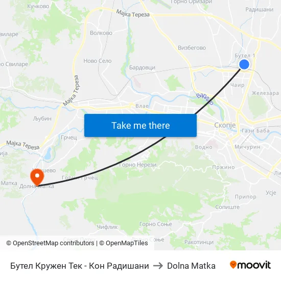 Бутел Кружен Тек - Кон Радишани to Dolna Matka map