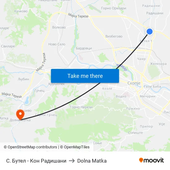 С. Бутел - Кон Радишани to Dolna Matka map
