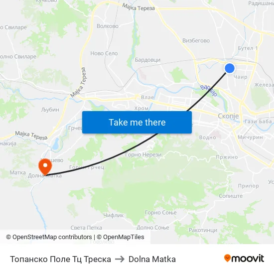Топанско Поле Тц Треска to Dolna Matka map