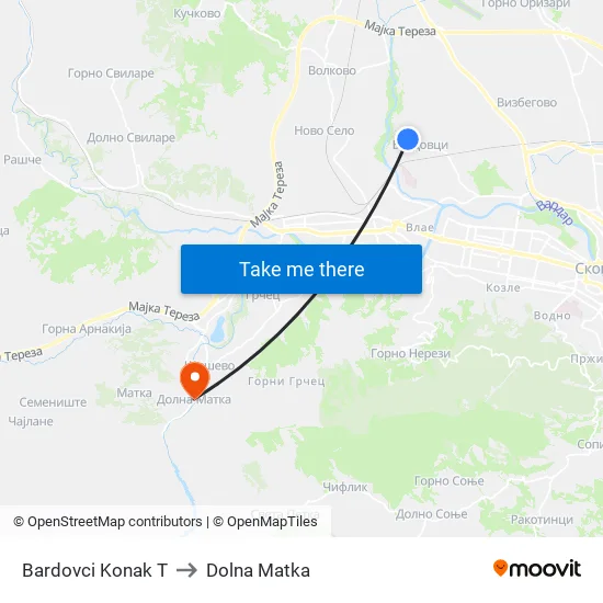 Bardovci Konak T to Dolna Matka map