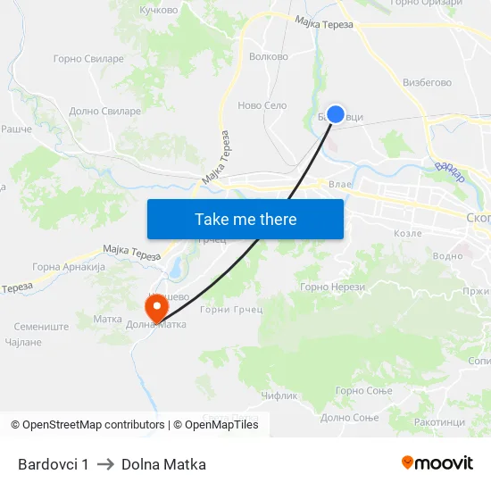 Bardovci 1 to Dolna Matka map