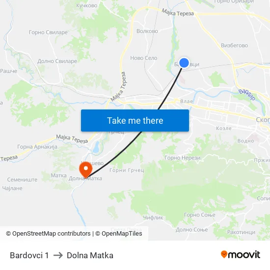 Bardovci 1 to Dolna Matka map