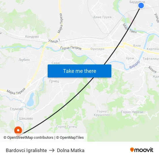 Bardovci Igralishte to Dolna Matka map