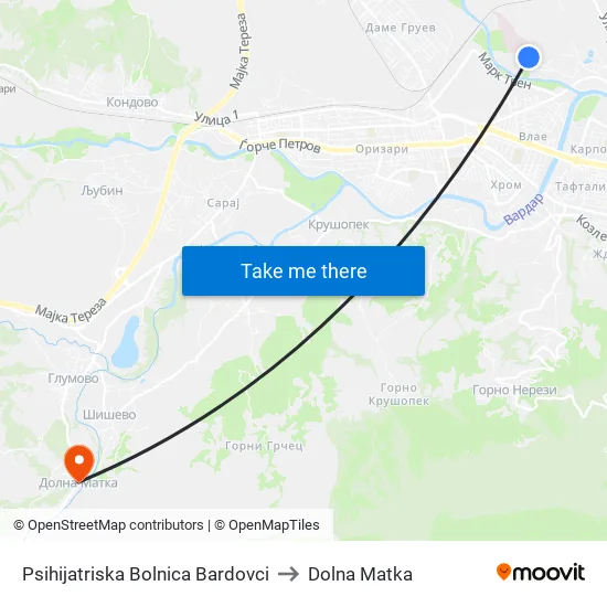 Psihijatriska Bolnica Bardovci to Dolna Matka map