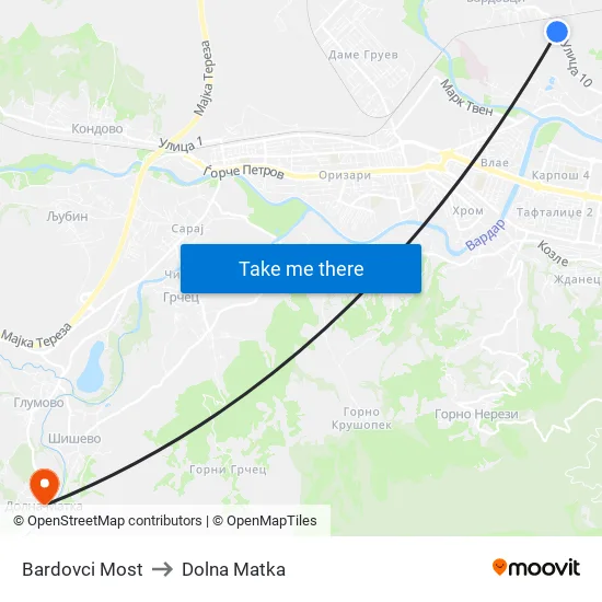 Bardovci Most to Dolna Matka map