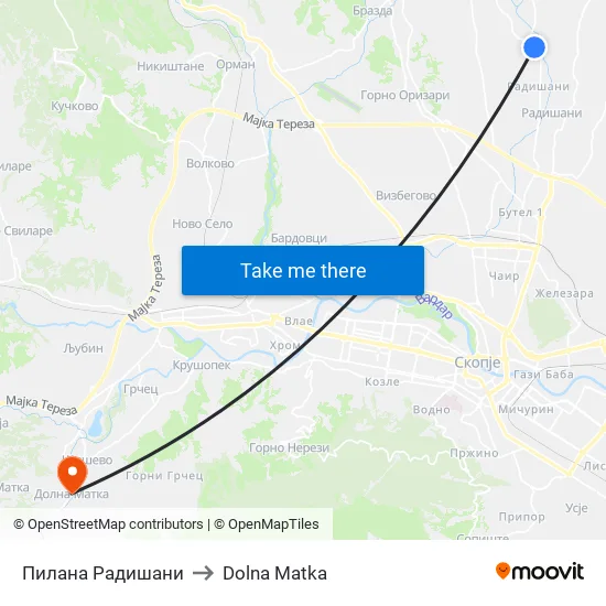 Пилана Радишани to Dolna Matka map