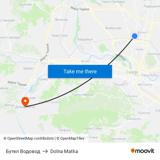 Бутел Водовод to Dolna Matka map