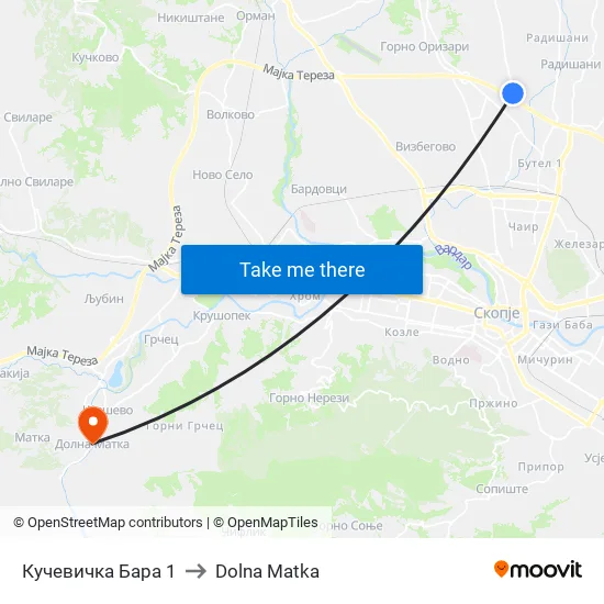 Кучевичка Бара 1 to Dolna Matka map