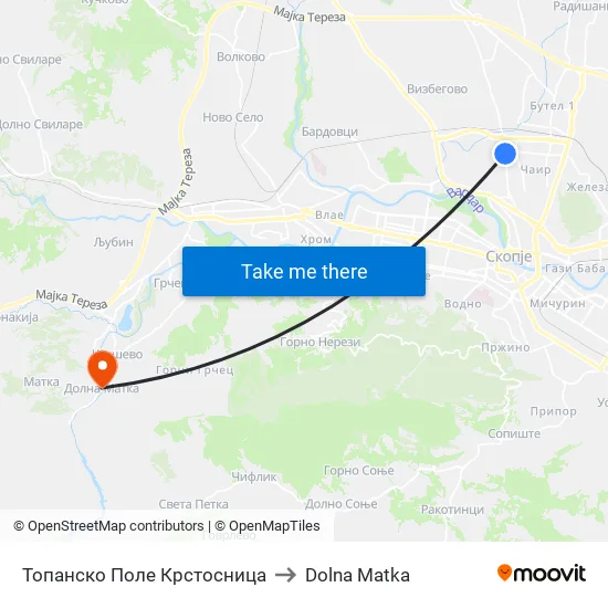 Топанско Поле Крстосница to Dolna Matka map