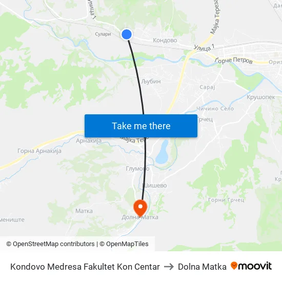 Kondovo Medresa Fakultet Kon Centar to Dolna Matka map