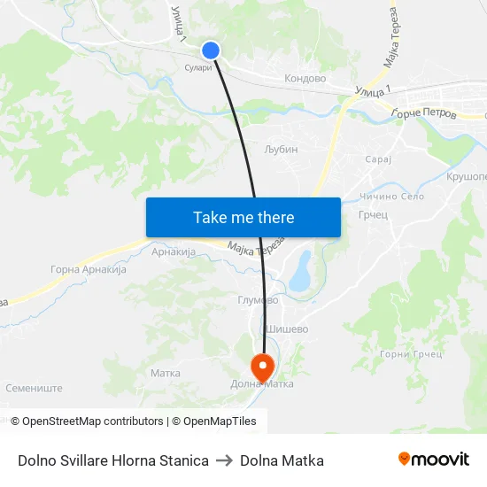 Dolno Svillare Hlorna Stanica to Dolna Matka map