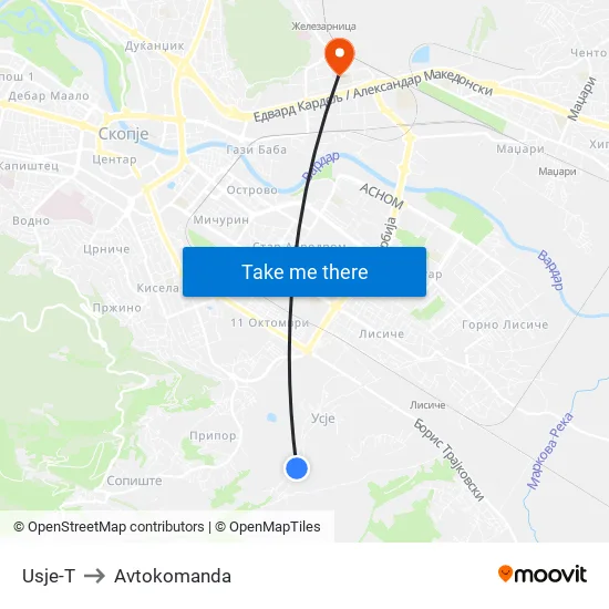 Usje-T to Avtokomanda map