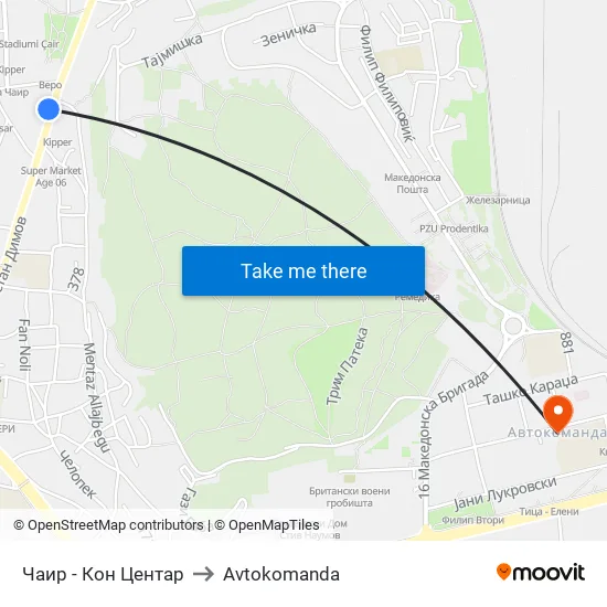 Чаир - Кон Центар to Avtokomanda map