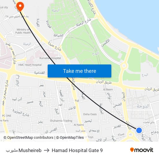مشيرب Musheireb to Hamad Hospital Gate 9 map