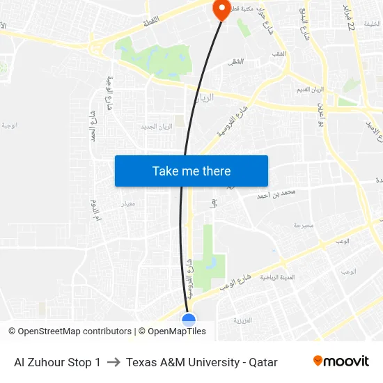 Al Zuhour Stop 1 to Texas A&M University - Qatar map