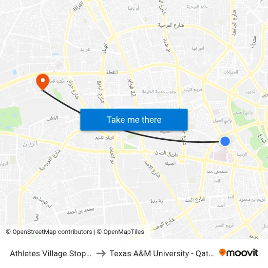 Athletes Village Stop 2 to Texas A&M University - Qatar map