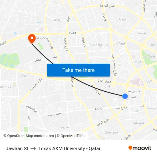 Jawaan St to Texas A&M University - Qatar map