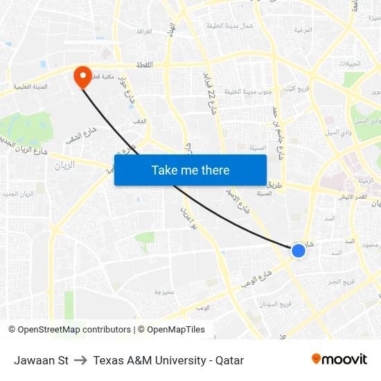 Jawaan St to Texas A&M University - Qatar map
