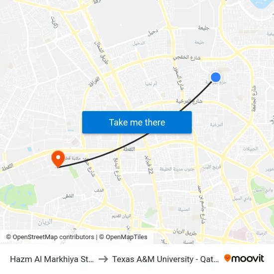 Hazm Al Markhiya Street 2 to Texas A&M University - Qatar map
