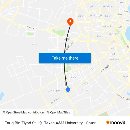 Tariq Bin Ziyad Street to Texas A&M University - Qatar map