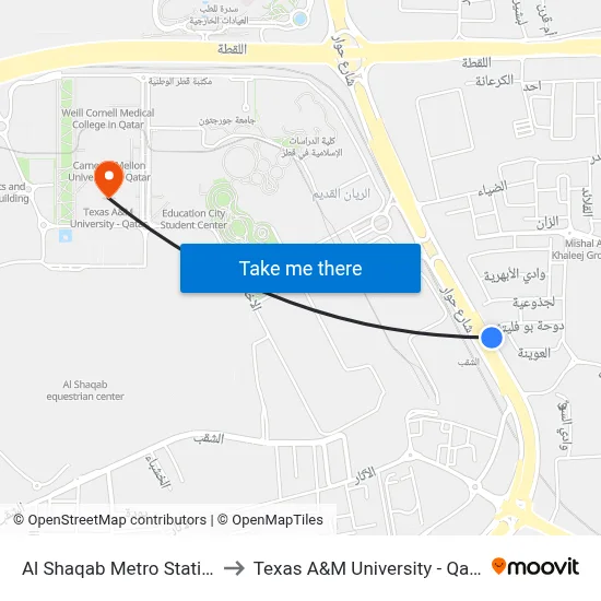 Al Shaqab Metro Station to Texas A&M University - Qatar map