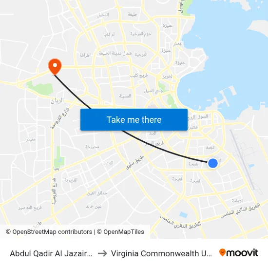 Abdul Qadir Al Jazairi Street (Stop B) to Virginia Commonwealth University - Qatar map