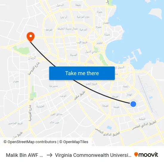 Malik Bin AWF Street to Virginia Commonwealth University - Qatar map