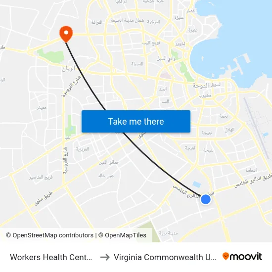 Workers Health Center Mesaimeer to Virginia Commonwealth University - Qatar map