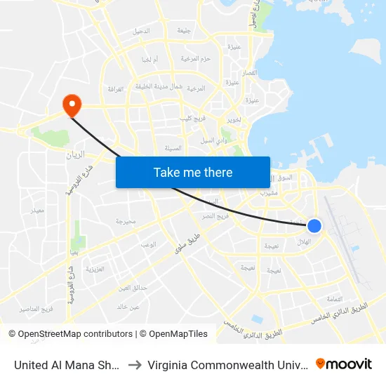United Al Mana Show Room to Virginia Commonwealth University - Qatar map