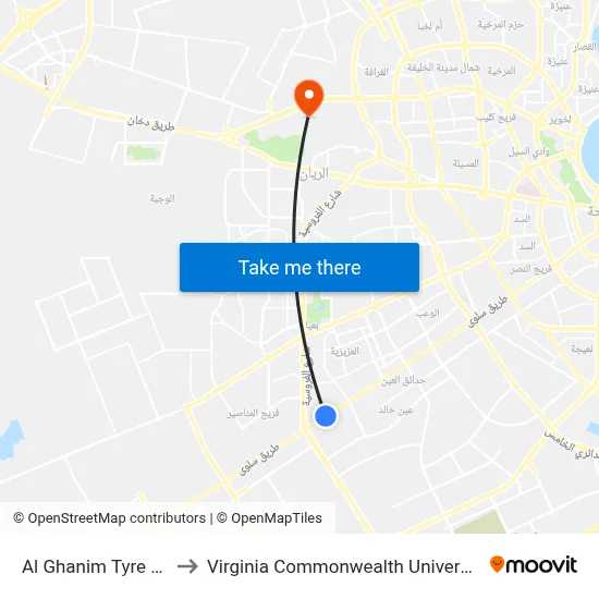 Al Ghanim Tyre Center to Virginia Commonwealth University - Qatar map