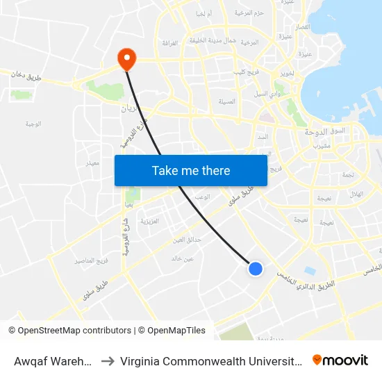 Awqaf Warehouse to Virginia Commonwealth University - Qatar map
