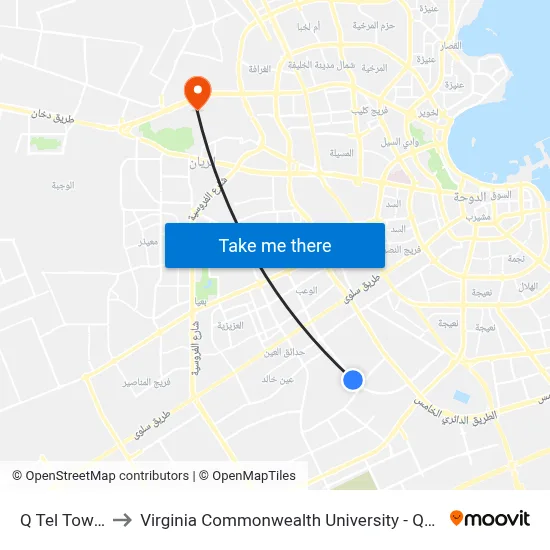 Q Tel Tower to Virginia Commonwealth University - Qatar map