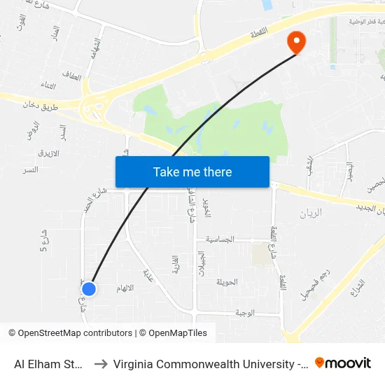 Al Elham Stop 1 to Virginia Commonwealth University - Qatar map