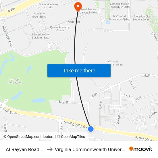 Al Rayyan Road Stop 3 to Virginia Commonwealth University - Qatar map