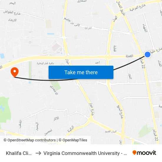 Khalifa Clinic to Virginia Commonwealth University - Qatar map