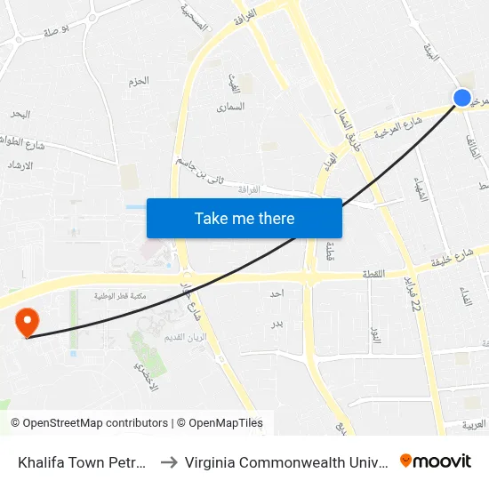 Khalifa Town Petrol Station to Virginia Commonwealth University - Qatar map